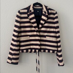 J. Crew Tweed Blazer Jacker Boxy American Navy Stripe Nautical Size 6 Preppy
